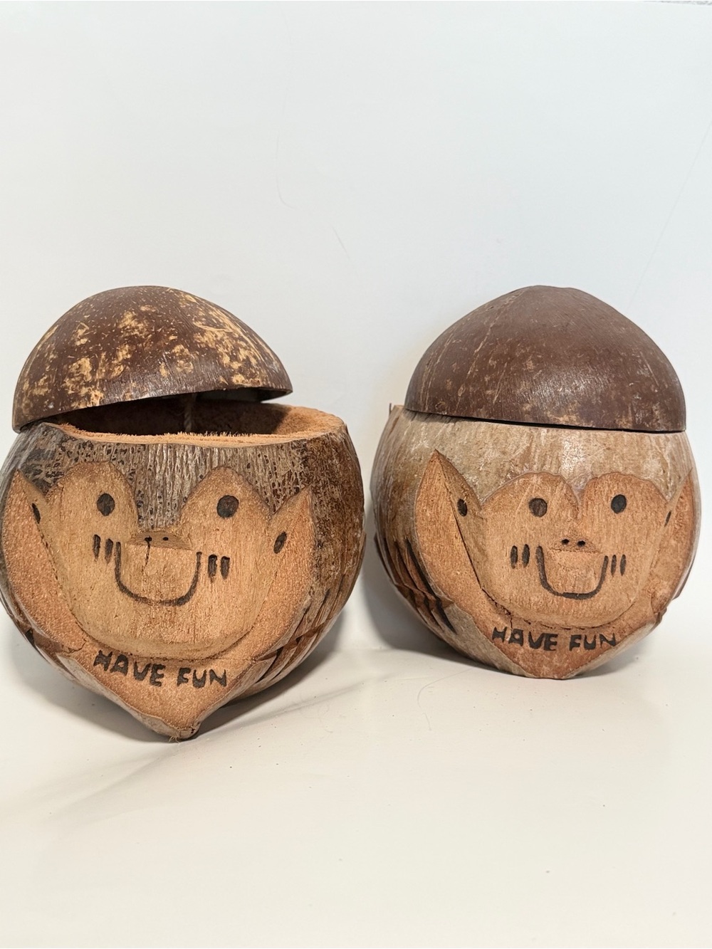 Set of 2 Tiki Bar Coconut Monkey Head Coin Bank Carved Souvenir Decorative Art